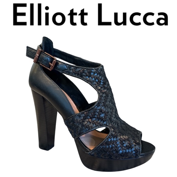 ELLIOTT LUCCA BERNADETTE BLACK WOVEN LEATHER PEEP TOE PLATFORM HEELS **NWOT**